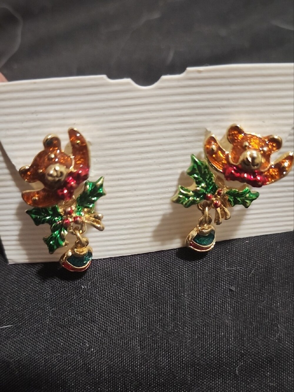 Vintage Christmas Teddy Bear & Ornament Dangle Earrings Gold Tone - Picture 4 of 6
